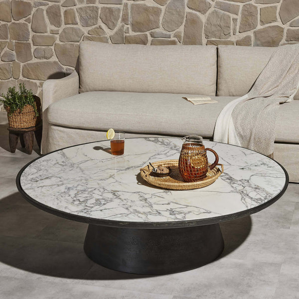 Home Fashion Balboa Outdoor Coffee Table Veined White Marble By Four Hands