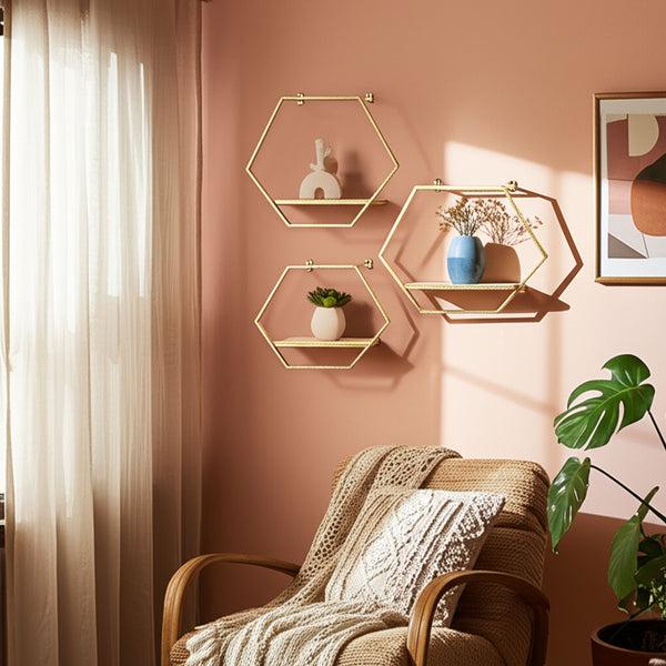 Home Fashion Hexagon Wall Shelves Gold Set Of 3
